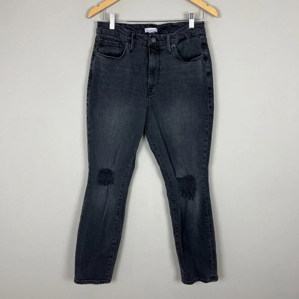 GOOD‎ AMERICAN Jeans Womens 12 /31 Black Gray Good Classic Distressed Skinny